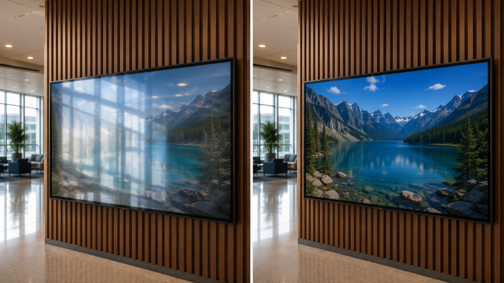 Anti-glare film comparison showing reduced reflections and improved visibility on a commercial display.