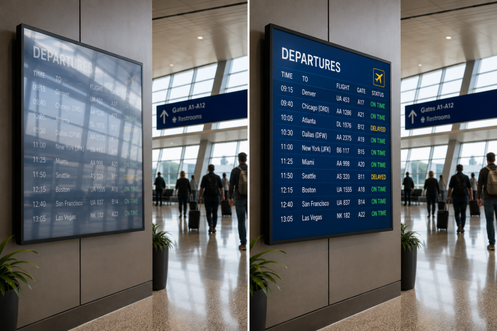 Commercial display comparison showing glare reduction and improved visibility with anti-glare film.