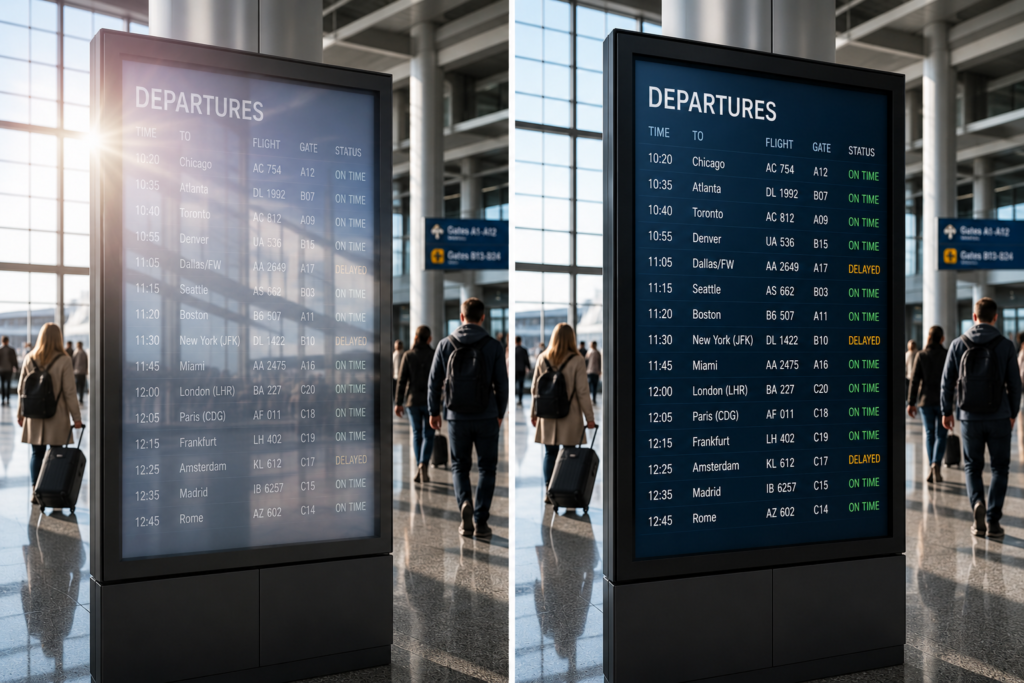 Airport flight information display comparison showing reduced glare and improved visibility with anti-glare film.
