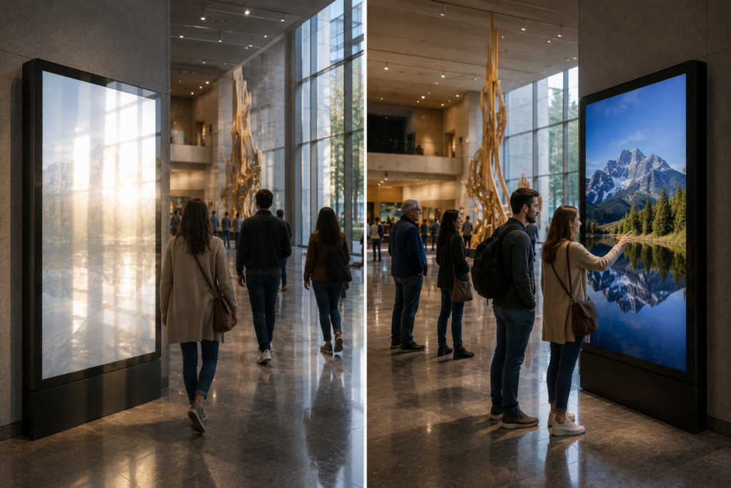 Clear anti-glare displays attracting attention compared to glare-covered screens being ignored.
