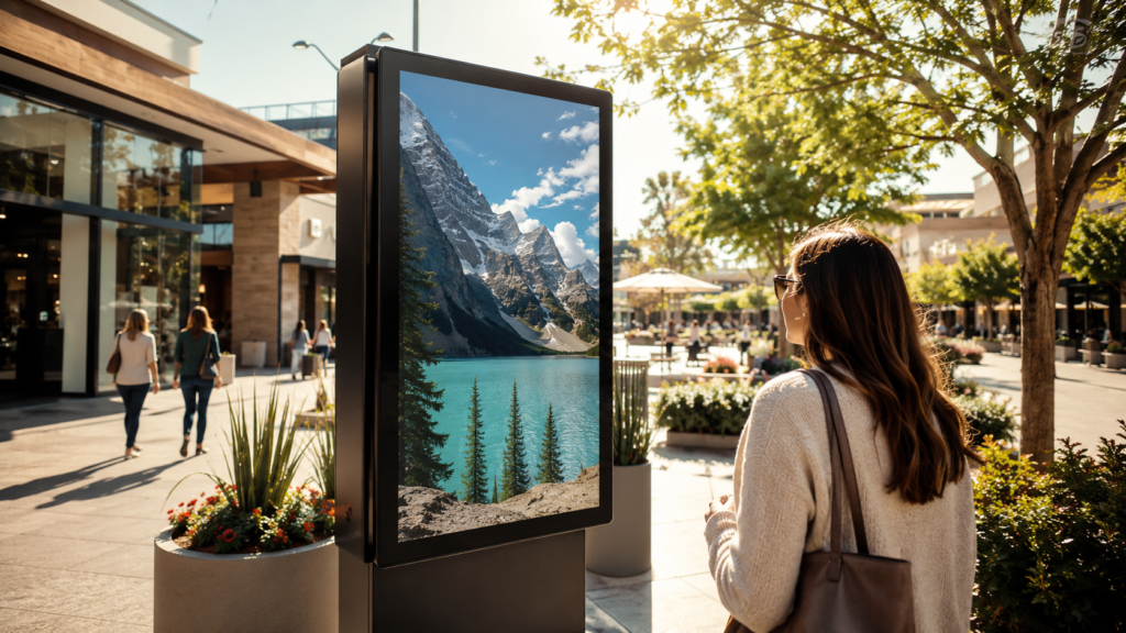 Commercial digital display with anti-glare film operating in direct sunlight while maintaining screen visibility and performance.