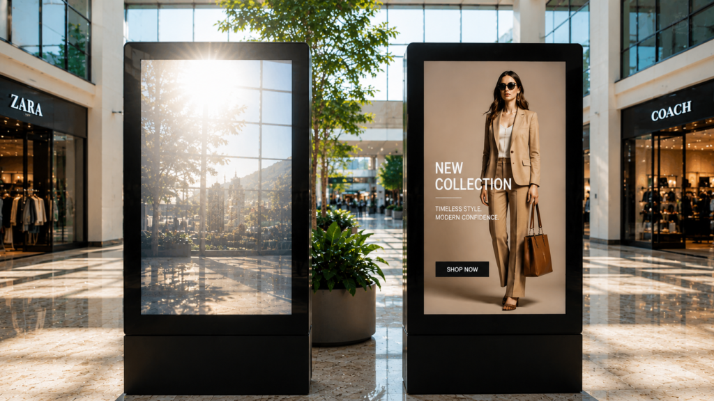 Commercial digital display with anti-glare film providing clear visibility in a bright environment.