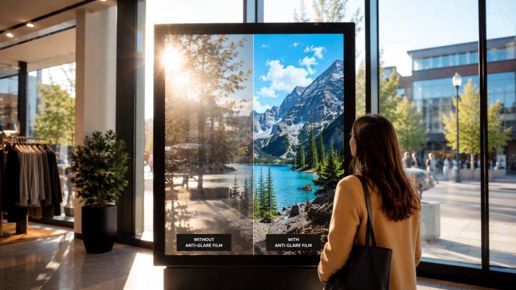 Commercial digital signage display with anti-glare film maintaining excellent visibility in bright sunlight.