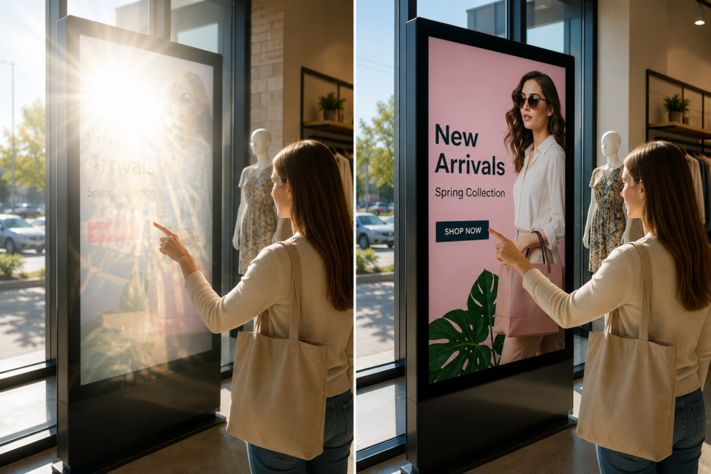 Digital signage comparison showing severe glare versus improved visibility with anti-glare film.