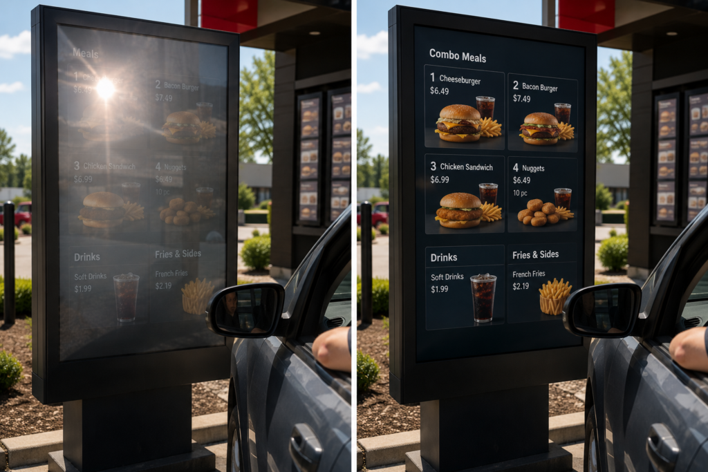 Drive-thru menu board comparison showing reduced glare and improved visibility with anti-glare film.