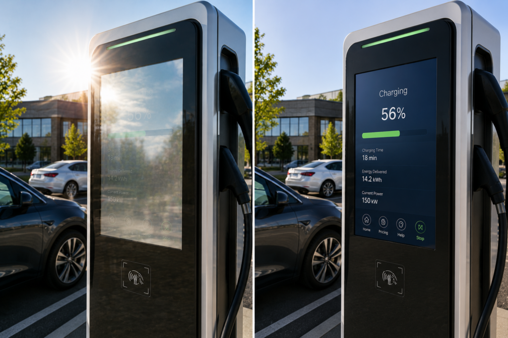 EV charging station touchscreen comparison showing improved visibility with anti-glare film.