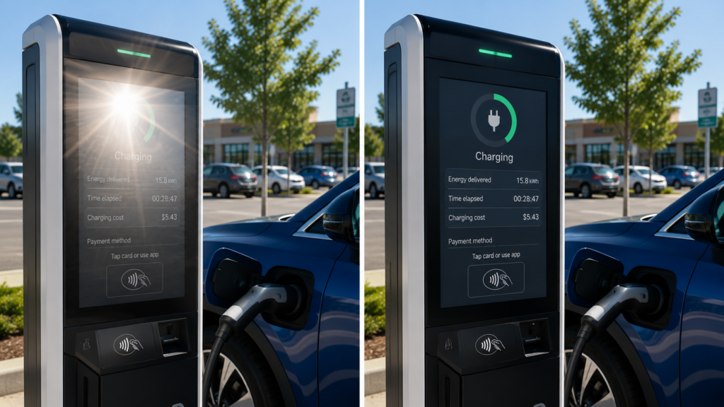 EV charging station touchscreen comparison showing reduced glare and improved visibility with anti-glare film.