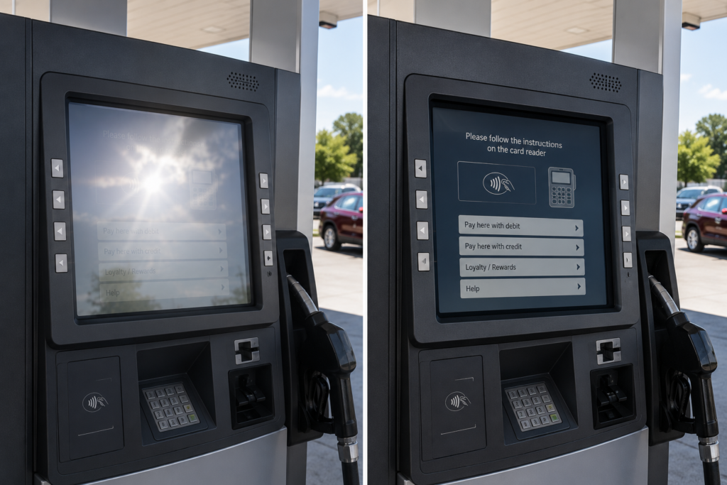 Gas pump touchscreen comparison showing reduced glare and improved visibility with anti-glare film.