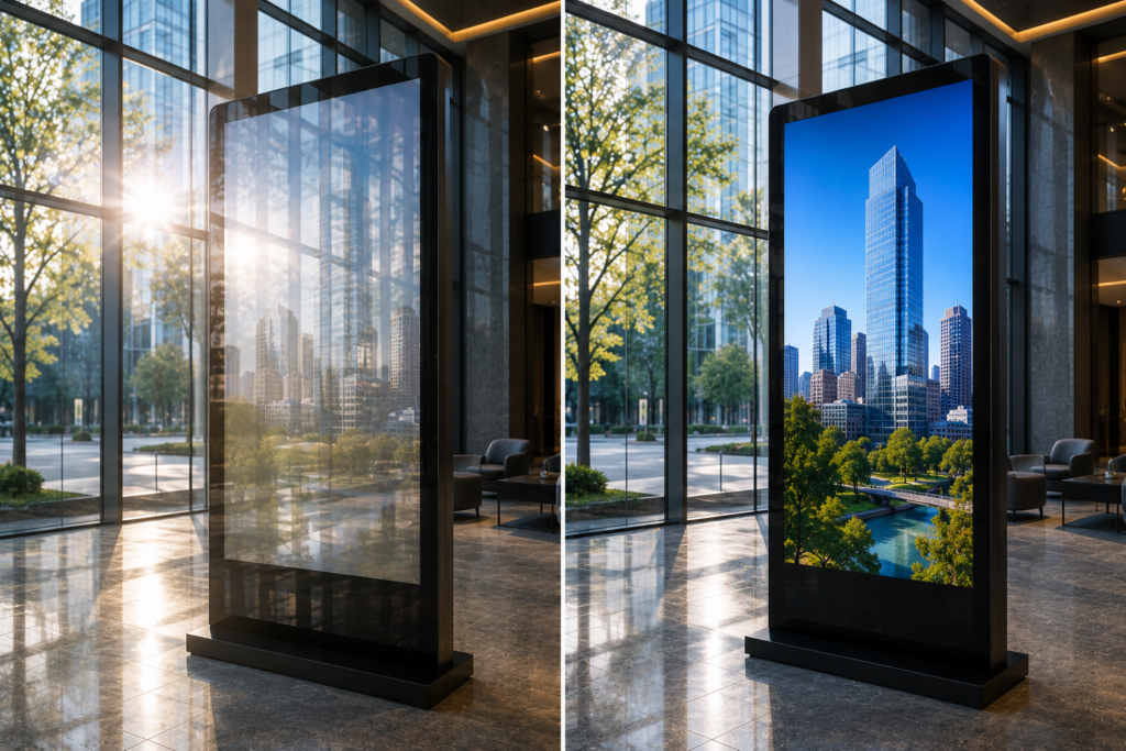 High-brightness digital display comparison showing how anti-glare film improves visibility despite strong sunlight reflections.