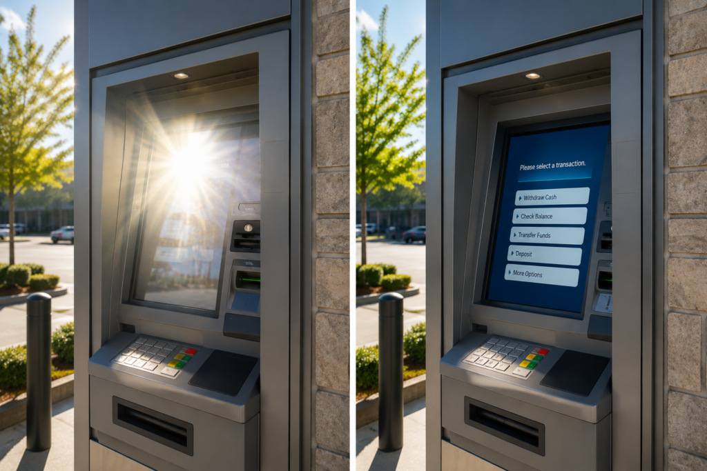 Outdoor ATM screen comparison showing severe glare versus improved visibility with anti-glare film.