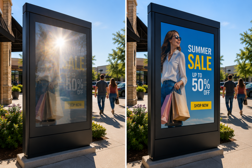 Outdoor digital signage comparison showing reduced glare and improved screen visibility with anti-glare film.