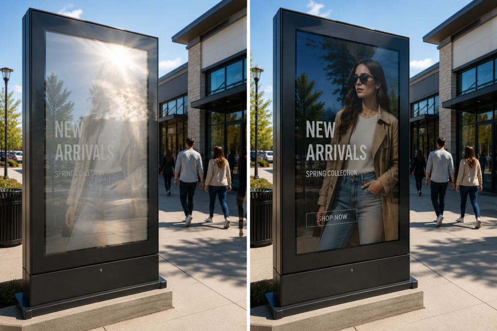 Outdoor wayfinding kiosk comparison showing reduced glare and improved map visibility with anti-glare film.