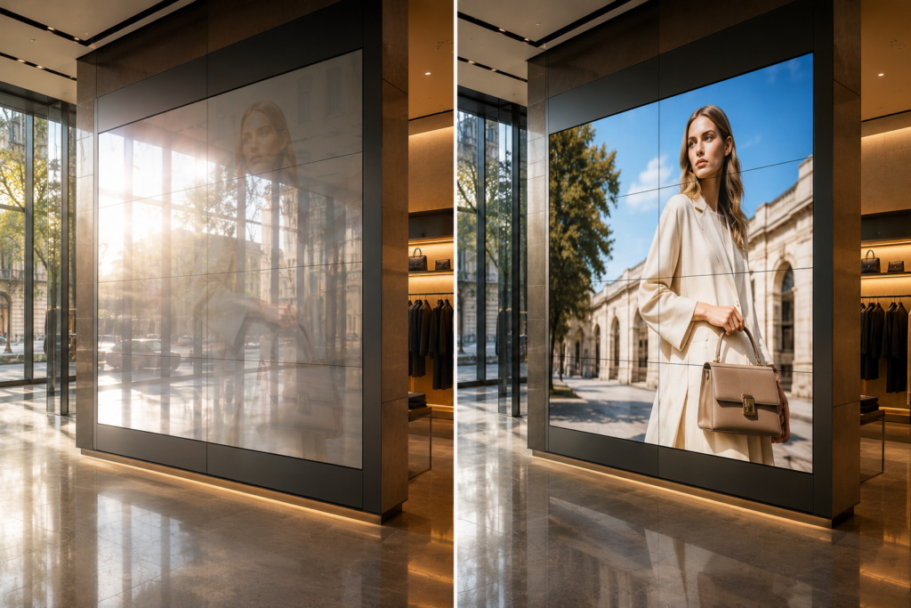 Premium digital display comparison showing how anti-glare film improves visibility on an expensive commercial screen.