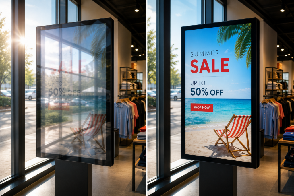 Retail display comparison showing glare reduction and improved visibility with anti-glare film.
