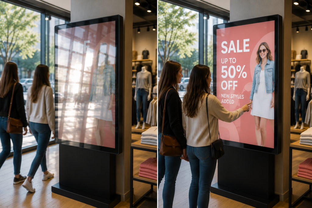 Retail shoppers engaging with a clear anti-glare display compared to ignoring a glare-covered screen.