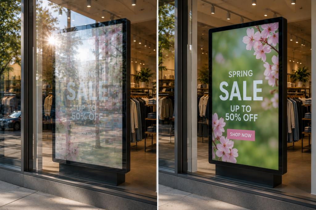 Retail shoppers ignoring a glare-covered display versus engaging with a clear anti-glare digital sign.