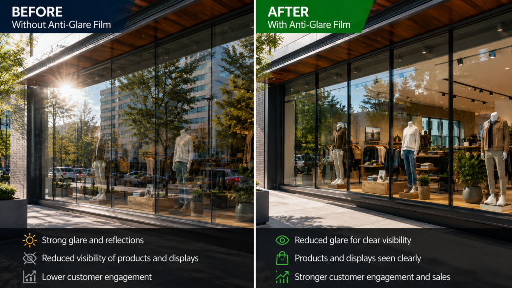 Retail storefront using anti-glare window film to improve visibility and reduce reflections.