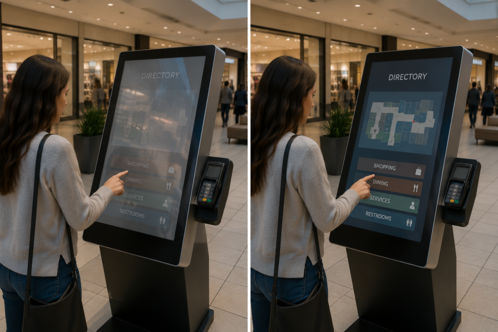 Self-service kiosk comparison showing screen glare versus improved visibility with anti-glare film.