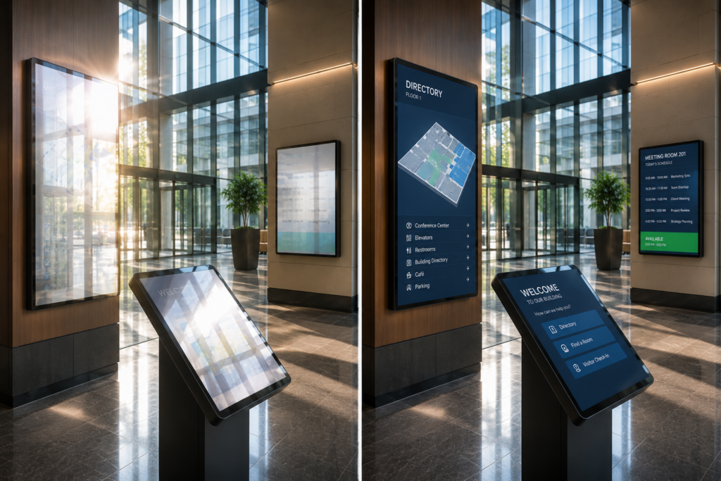 Smart building lobby displays showing improved visibility with anti-glare film.