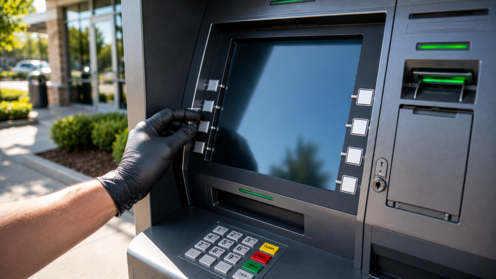 Commercial ATM fitted with professional anti-glare film providing excellent screen visibility and long-lasting protection.