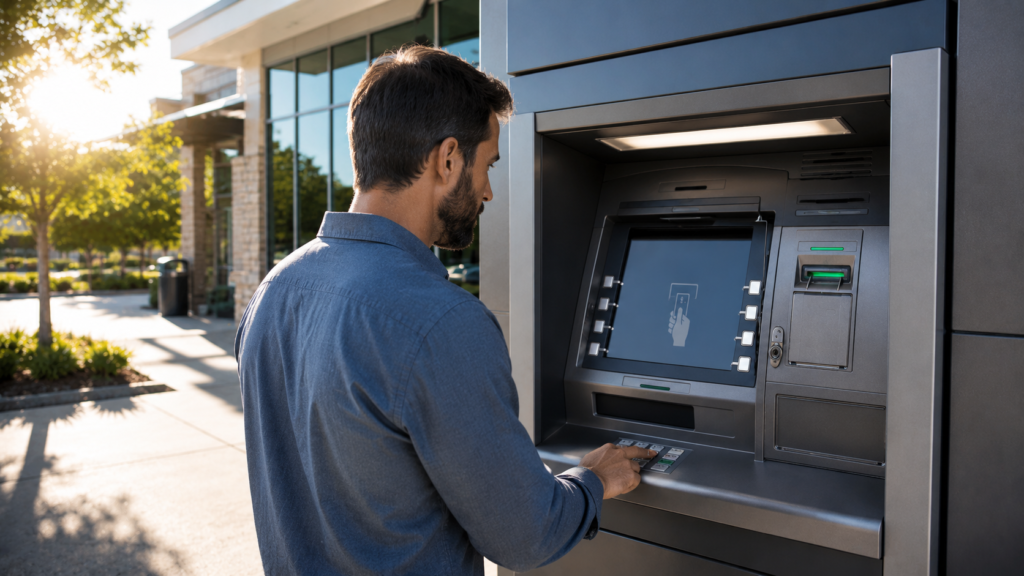 Customer using a modern outdoor ATM with anti-glare film that provides excellent screen visibility in bright daylight.