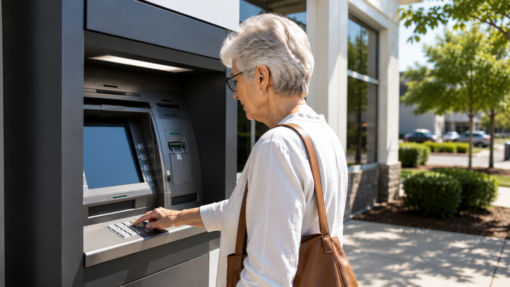 Customer using an outdoor ATM with anti-glare film for improved screen visibility and accessibility.