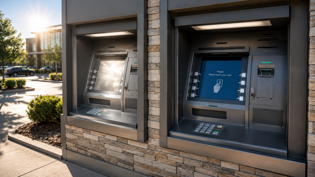 Modern ATM with anti-glare film providing clear visibility in bright outdoor conditions.