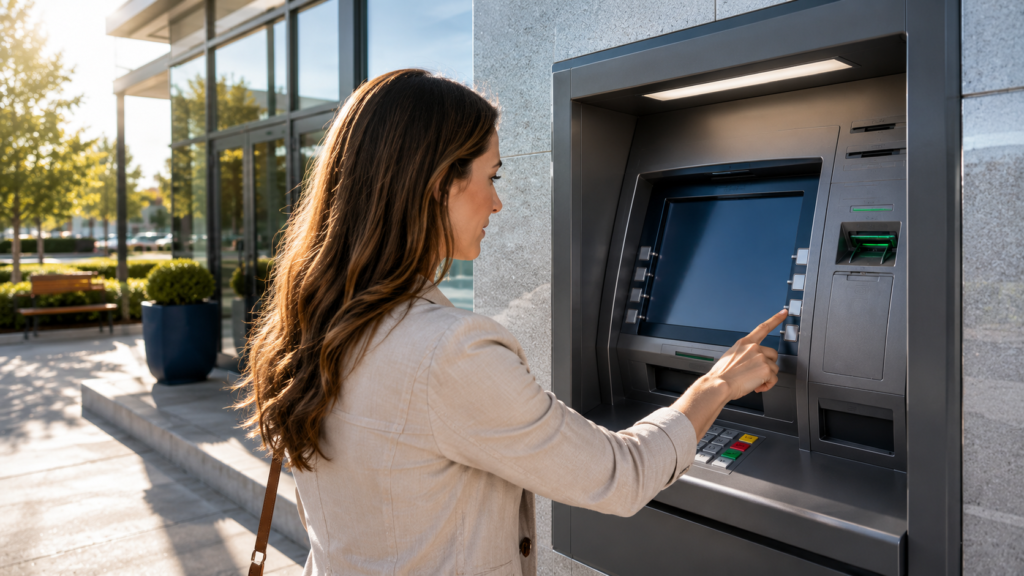 Modern outdoor ATM with commercial anti-glare film providing crystal-clear screen visibility in bright sunlight.