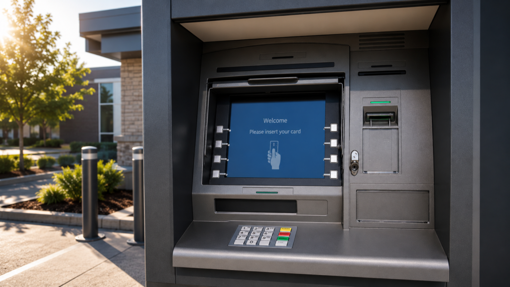 Modern outdoor ATM with professional anti-glare film maintaining excellent visibility in bright daylight.