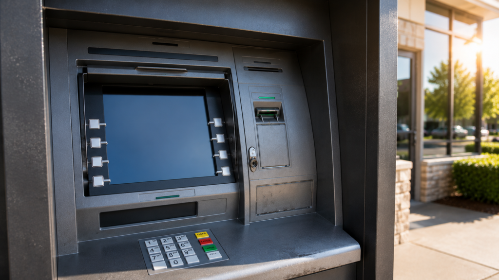 Outdoor ATM protected with anti-glare screen protection film resisting scratches and maintaining excellent visibility.