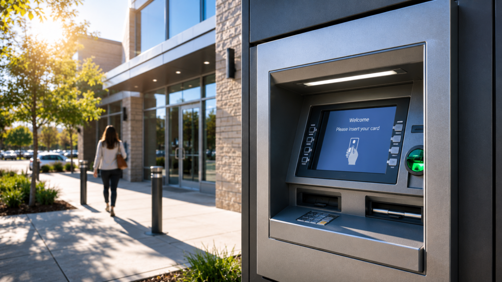 Outdoor ATM with anti-glare film providing clear screen visibility in bright sunlight.